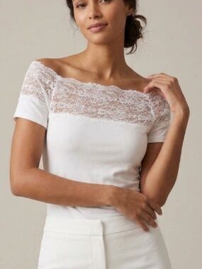 H&M White Off The Shoulder Lace Yoke T-Shirt